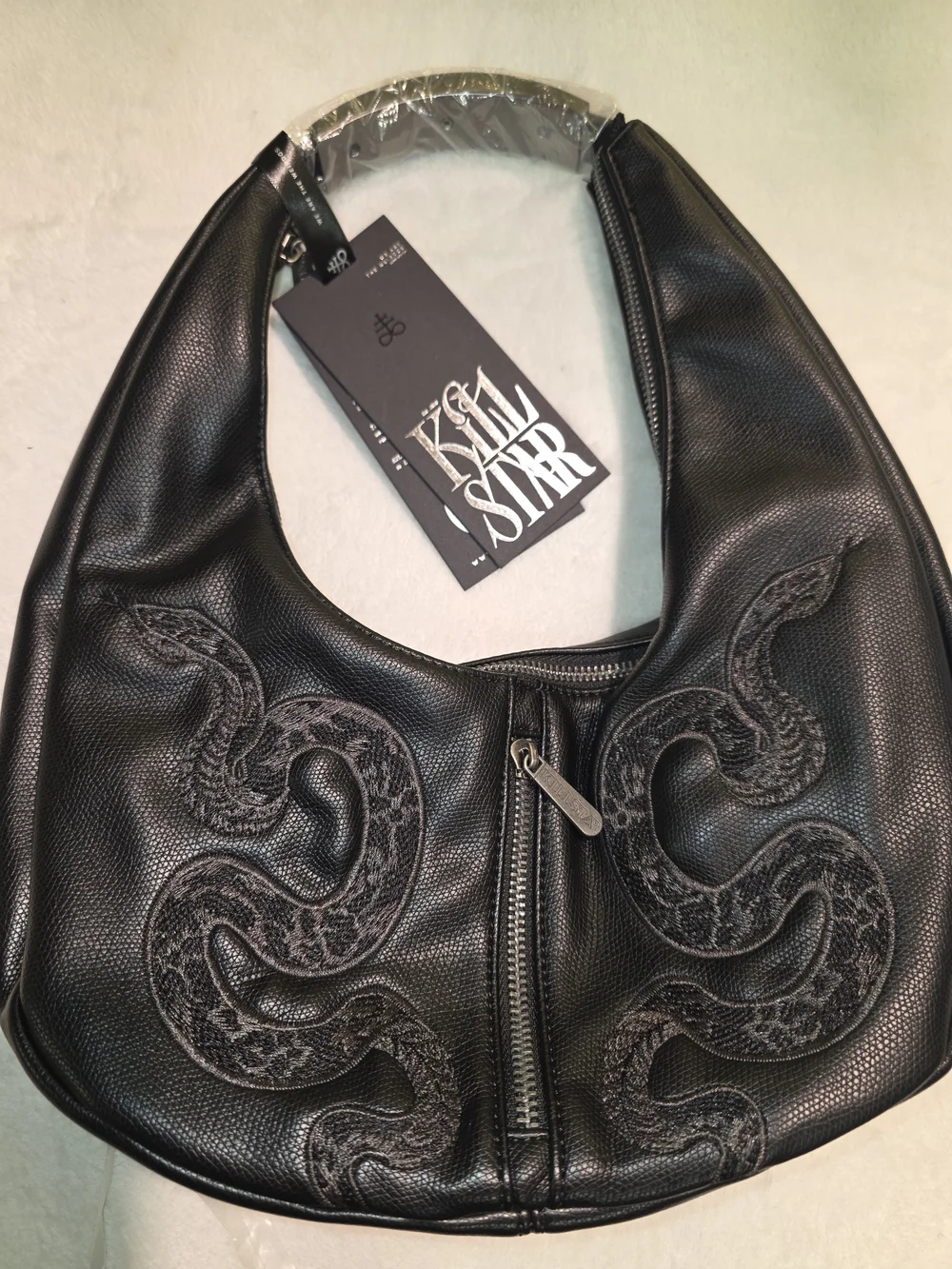 Killstar Silver Bite Bag  Black Snake-Embroidered Hobo Bag